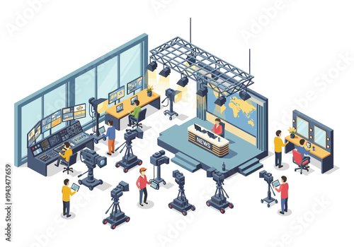 Modern television studio with news desk, cameras, control room, and makeup area
