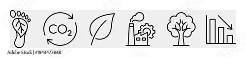 Six black outline icons for environmental sustainability concepts including carbon footprint, CO2 cycle, ecology, industry, and emission reduction in a minimalist line art style