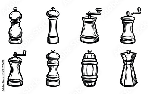 Pepper and salt mill grinder collection hand-drawn in a black ink sketch style, showing various kitchen utensil designs for seasoning and cooking