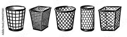 Set of five different empty wastebaskets with round and square shapes, featuring various mesh patterns in a bold black ink hand-drawn sketch illustration style