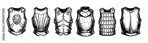 Collection of six hand-drawn medieval breastplates in a black and white sketch style, showing various designs from simple plates to ornate armor with a lion emblem for a warrior