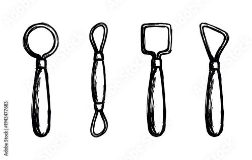 Four black hand-drawn pottery loop tools for sculpting and ceramics are illustrated in a simple, minimalist sketch style showing various shapes for modeling clay
