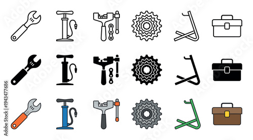 Bicycle repair and maintenance tool icon set with a wrench, pump, chain breaker, cassette, and stand, shown in three distinct styles: outline, solid glyph, and color