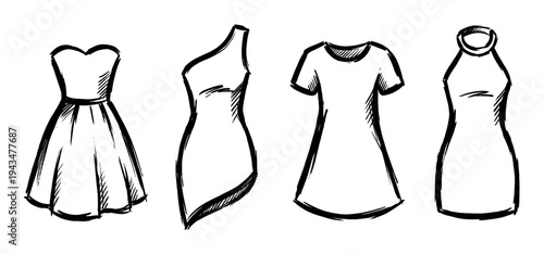 Four hand-drawn women's dresses in a black ink sketch style, a collection showcasing a variety of fashion designs including cocktail, one-shoulder, and halter neck