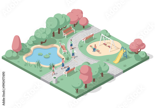 Isometric park scene with playground, pond, benches, and people enjoying leisure time