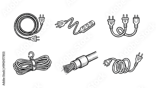 Set of various electrical cables and plugs hand-drawn in a black and white sketch style, including extension cords, a power strip, a splitter, and a wire cross-section