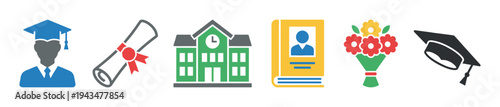Colorful set of flat graduation icons including a graduate, diploma, school building, yearbook, flower bouquet, and a tossed mortarboard cap for celebrating academic achievement