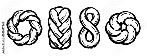 Set of four hand-drawn rope knots in a black ink brush stroke style, featuring circular, braided, and figure-eight shapes for nautical or maritime themed designs