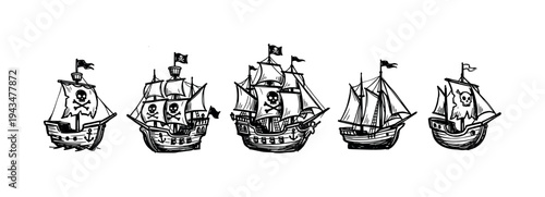 Set of five hand-drawn pirate ships with skull and crossbones flags, illustrated in a black ink sketch style showing various designs of galleons and sailing vessels