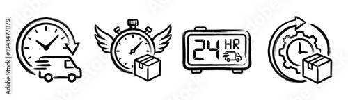 Four hand-drawn black shipping service icons representing fast delivery, 24-hour service, express shipping, and order processing time in a sketchy brush stroke style illustration