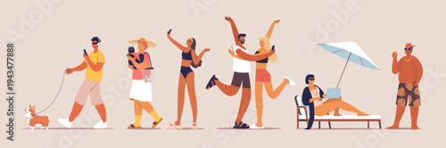 Modern characters in summer clothes for relaxation