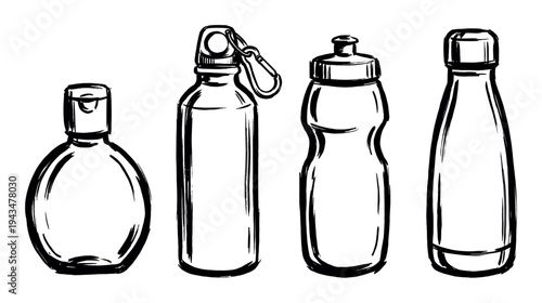 Four hand-drawn reusable water bottles and containers in a black ink brush stroke style, showing a collection of different shapes and sizes for hydration and travel