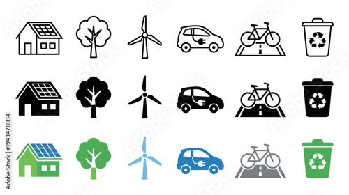 Collection of ecology and sustainability icons showing a solar panel house, tree, wind turbine, electric car, bicycle, and recycling bin in line art, silhouette, and color styles