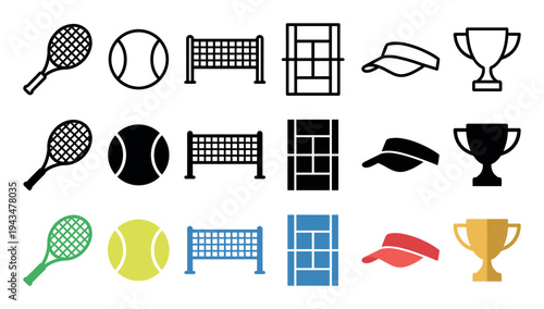 Collection of tennis sport icons showing equipment and symbols in three different styles: line art, solid black silhouette, and simple flat color vector illustrations