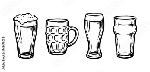 Collection of four hand-drawn beer glasses in a vintage sketch style, including a pint with foam, a dimpled mug, a weizen glass, and an ale glass for a pub menu