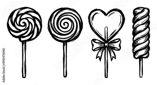 Set of four hand-drawn lollipops in various shapes including round swirl, heart with a bow, and twisted candy on a stick, created in a black ink sketch style