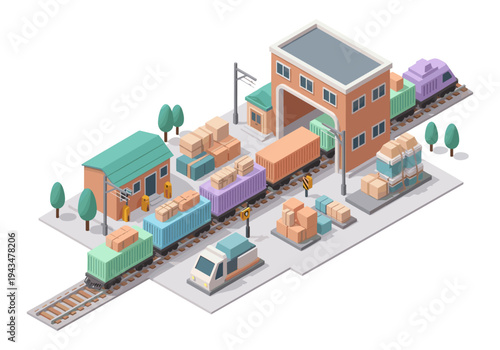 Isometric view of a busy train station with cargo trains and warehouses