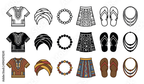 Set of traditional ethnic clothing and accessories icons including a shirt, turban, skirt, sandals, and jewelry presented in line art, silhouette, and colored styles