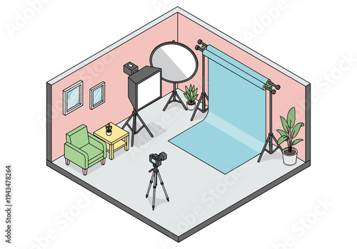 Isometric view of a modern photography studio setup with equipment and furniture