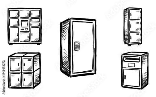 Hand-drawn black and white locker illustrations set showing various types of storage cabinets, including parcel delivery boxes and units with digital keypads in a sketch style