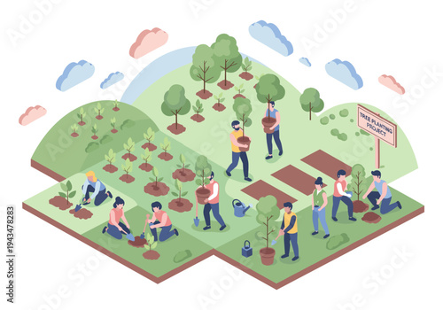 Diverse group of people planting trees in a community garden project isometric illustration