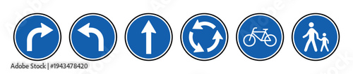 Collection of blue mandatory road signs showing turn right, turn left, straight ahead, roundabout, bicycle, and pedestrian path icons in a clean vector illustration set