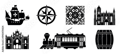 Set of black silhouette icons representing European travel and culture with a caravel ship, compass, tile pattern, monastery, tram, and barrel in a flat vector style