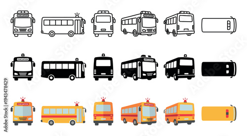 Collection of evacuation bus vector icons showing emergency transport in line art, silhouette, and flat color styles from front, side, three-quarter, and top-down views