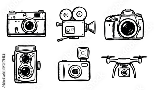 Set of hand drawn camera illustrations including vintage, modern, movie, and drone equipment in a black and white sketch style for photography and videography concepts