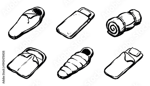 Set of six hand-drawn sleeping bag illustrations in a rough sketch style, showing various types of camping and hiking gear like rolled and unrolled bags for outdoor adventure