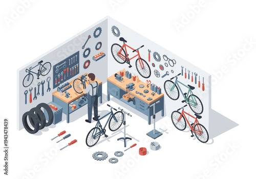 Isometric bicycle repair shop with mechanic working on a bike and tools on the wall