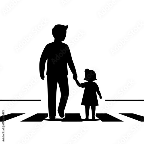 Silhouette of a man and little girl holding hands.