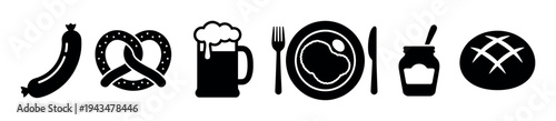 Set of black food icons representing traditional German cuisine with sausage, pretzel, beer, a meal on a plate, mustard, and bread in a minimalist graphic style