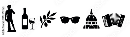 Set of black silhouette icons representing Mediterranean culture with a classical statue, wine, olive branch, sunglasses, a renaissance dome, and an accordion instrument