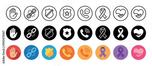 Set of domestic violence awareness icons in three different styles, including line art, solid glyph, and colorful flat design with symbols of support, help, and protection