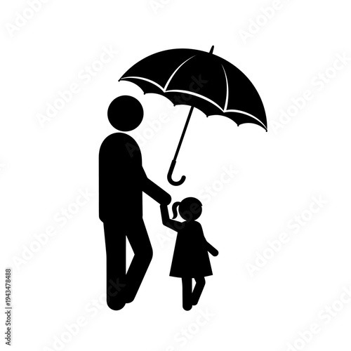 A silhouette of a man and child under umbrella.