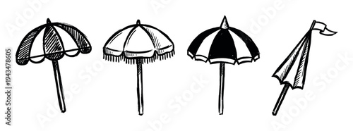 Set of four hand-drawn beach umbrellas in a black ink doodle style, showing a collection of open and closed parasols with striped, fringed, and hatched patterns