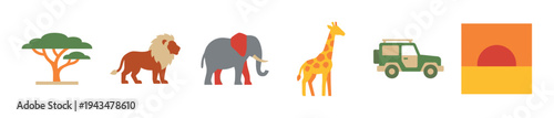 Set of colorful flat design icons depicting safari wildlife and travel elements like a lion, elephant, giraffe, tree, vehicle, and a stylized sunset in a minimalist vector style