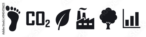 Set of black environmental icons representing carbon footprint, CO2 emissions, ecology, industrial pollution, nature, and data for climate change and sustainability concepts