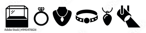 Set of black jewelry glyph icons featuring a minimalist design with a display case, diamond ring, necklace on a bust, choker, pendant, and bracelet for luxury concepts