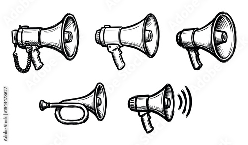 Hand-drawn sketch collection of megaphones and a bugle for communication, announcement, and protest concepts, illustrated in a black and white doodle style with hatching