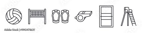Volleyball equipment and accessories icon set featuring a ball, net, knee pads, whistle, scoreboard, and referee chair in a clean black outline vector style