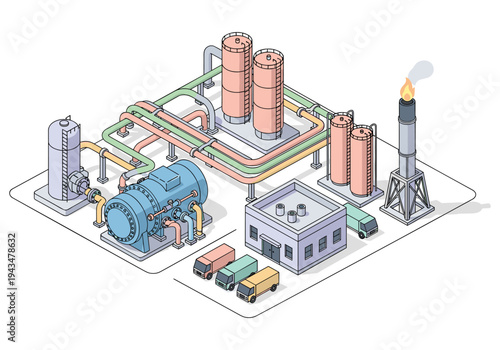 Isometric industrial complex with tanks, pipes, and a large compressor