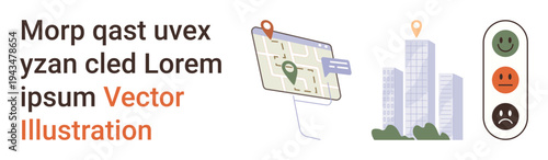 Urban planning, navigation, feedback systems, customer reviews, smart cities, decision-making. A map with a pin, cityscape and a feedback scale. Navigation and feedback systems concept
