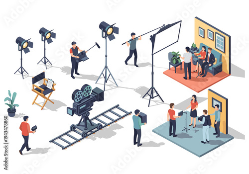 Filmmaking crew setting up equipment for a movie production scene with actors