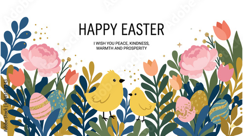 Happy easter with cute chicks and decorated eggs surrounded by flowers