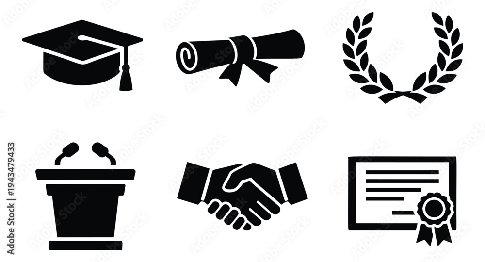 Fototapeta premium Silhouette icon set of 6 graduation and achievement symbols featuring mortarboard, diploma, handshake, podium, laurel wreath and certificate for education design