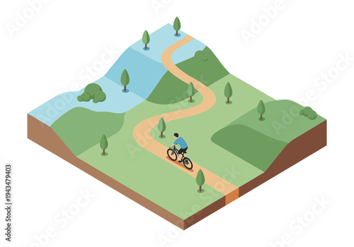 Isometric view of a person cycling on a winding path through a green landscape with trees and water