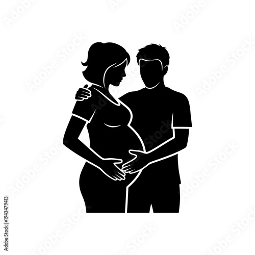 expectant couple holding hands on pregnant belly.