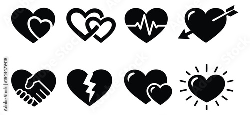 Flat icon set of 8 heart symbols featuring love, heartbeat, broken heart and romance concepts for valentines and health design